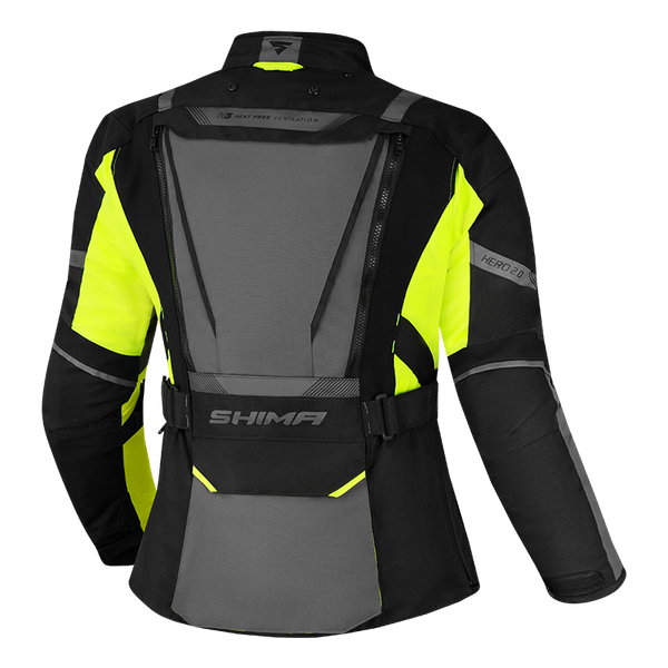the back of shima motorcycle touring jacket for women in black/ fluo