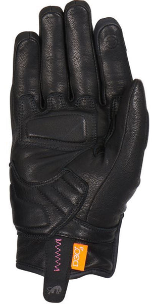 The palm size of Furygan lady black leather motorcycle glove with hard knuckle protectors