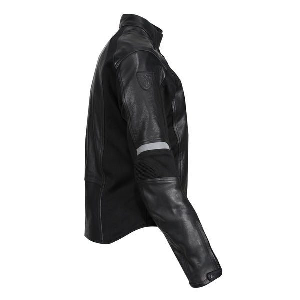 The side of Black leather women's motorcycle jacket with reflectors from Moto Girl 