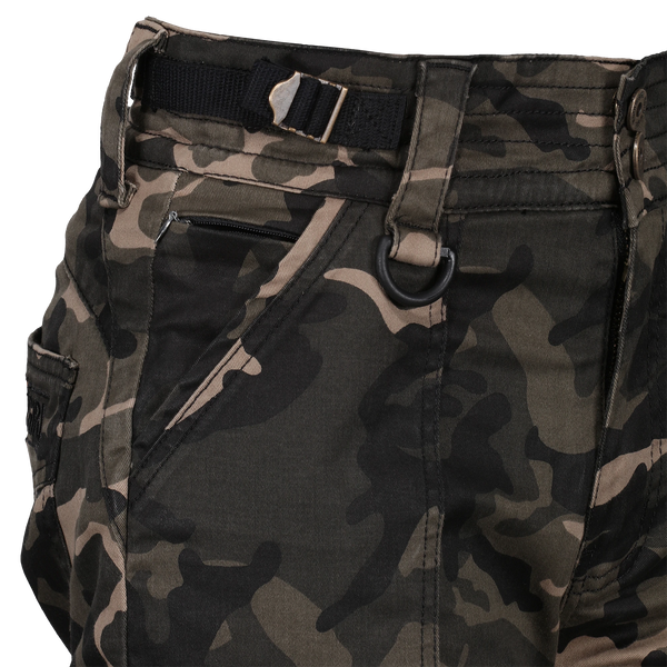 A close up of the details on women camouflage motorcycle cargo pants from Moto Girl  