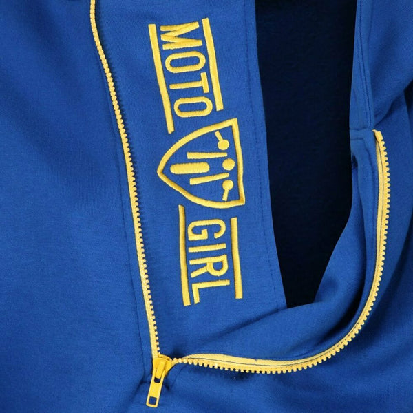 Blue and yellow motorcycle helmet hoodie from Moto Girl close up 