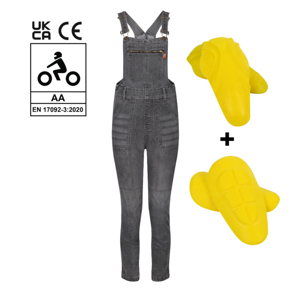  grey women's motorcycle overall from Moto Girl with yellow protectors