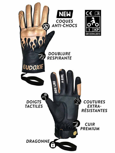  black Eudoxie mc gloves with golden flames 