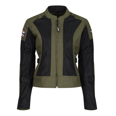 The front of Women's motorcycle summer mesh jacket in black and green from Moto Girl