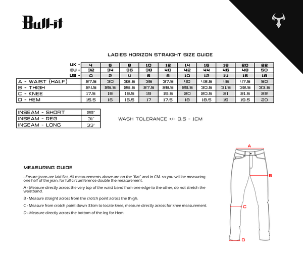 Size chart of blue lady motorcycle jeans from Bull-it