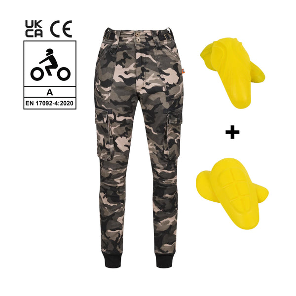 women camouflage motorcycle cargo pants from Moto Girl  with yellow impact protectors