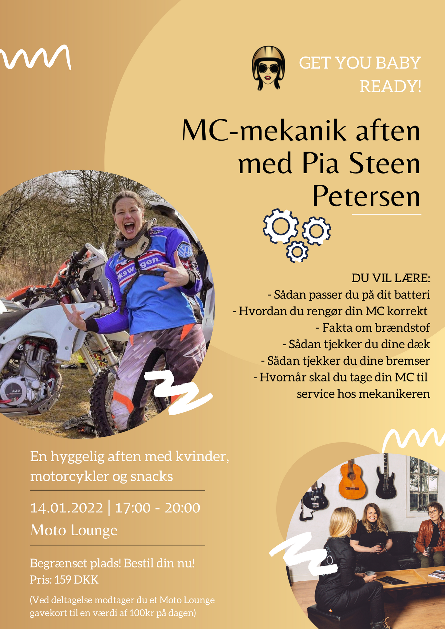 Poster for Moto Lounge event MC-mekanik aften med Pia