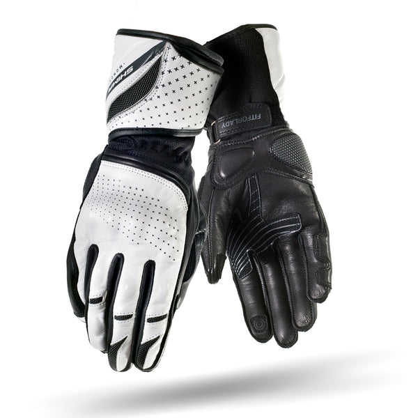 Black and white Shima female motorcycle gloves with small holes 