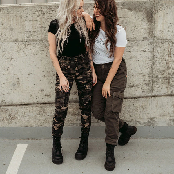 Two young women wearing motorcycle cargo pants from Moto girl 