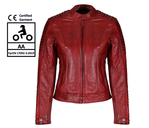 Red Valerie motorcycle leather jacket from Moto Girl 