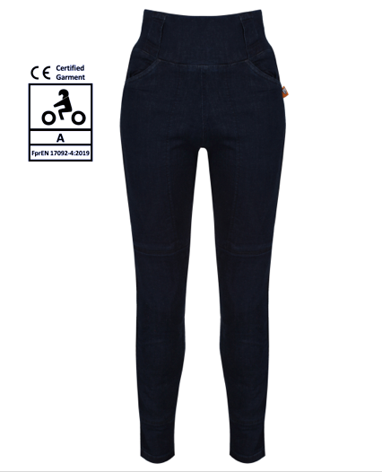 Blue female motorcycle jeggings with high waste from front with certified sign