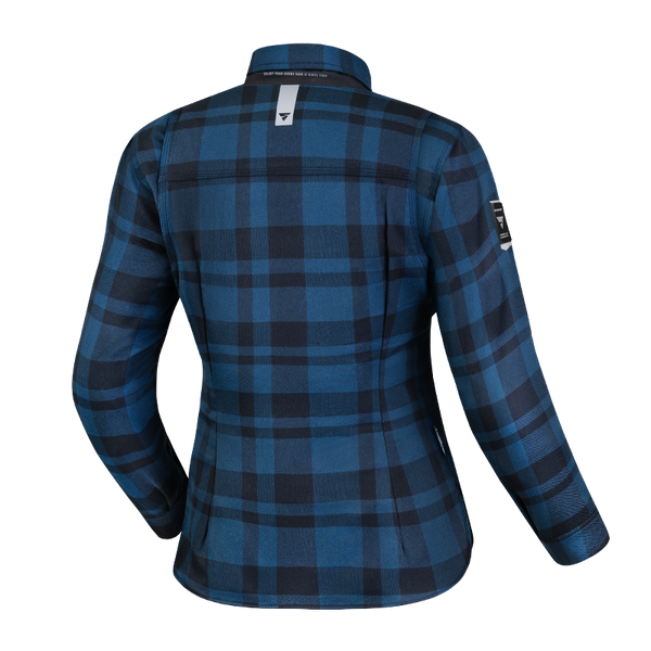 The back of Blue lumberjack women's motorcycle shirt from Shima