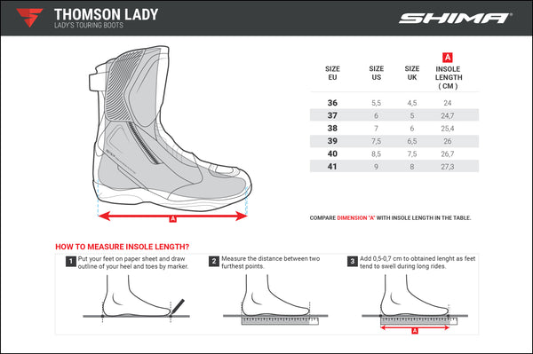 Size chart of  a women motorcycle boot Thomson from Shima