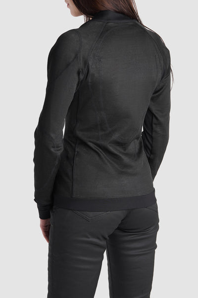 A women's, wearing black armoured motorcycle underwear top, back 