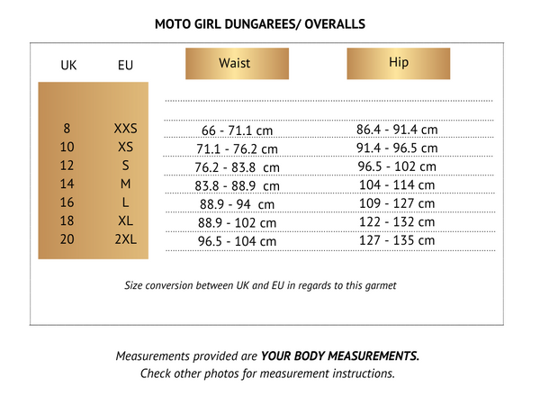 MotoGirl Motorcycle dungarees-overalls size chart