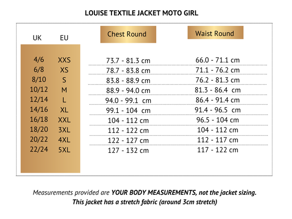 Size chart for textile motorcycle jacket Louise for women 
