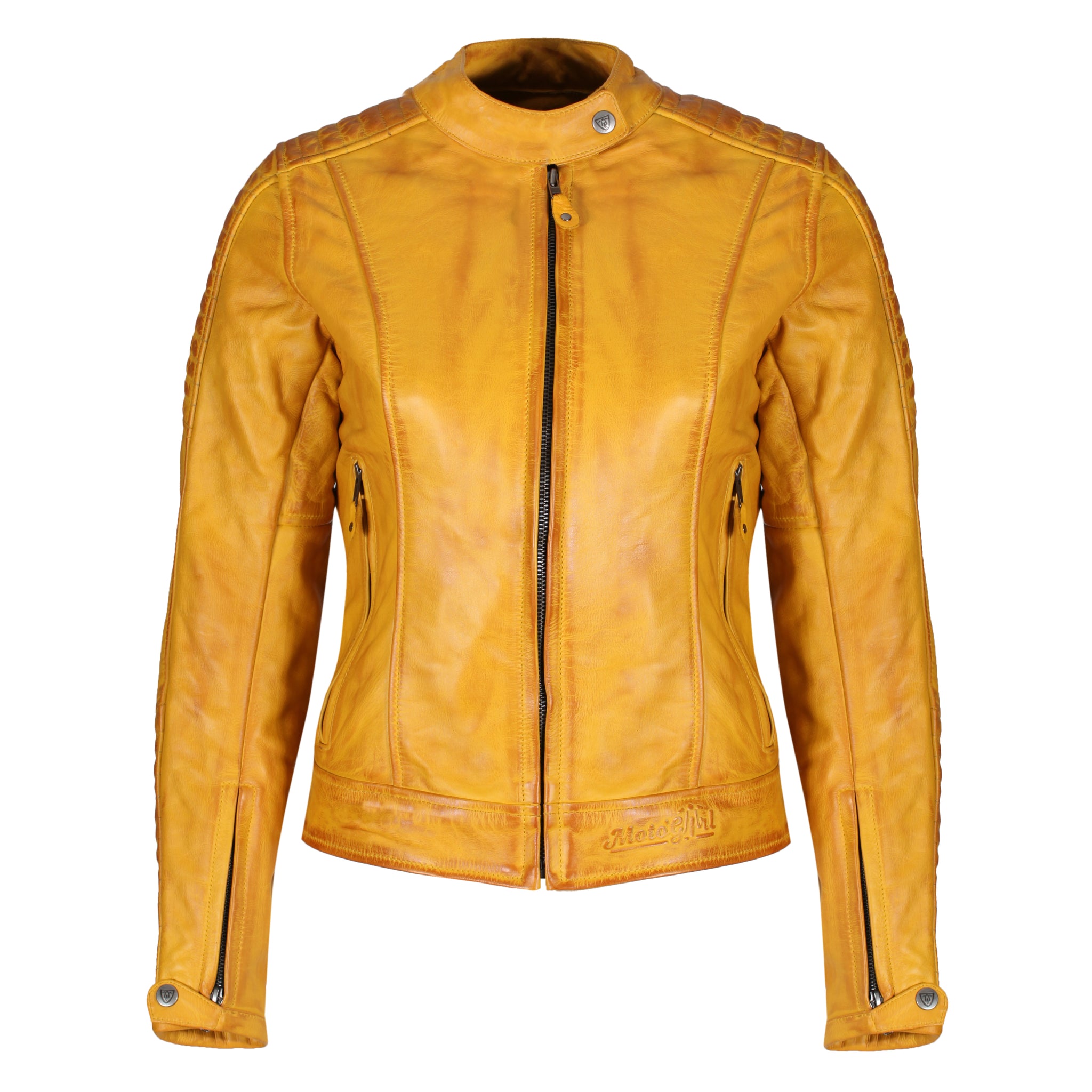 Yellow Valerie motorcycle leather jacket from Moto Girl