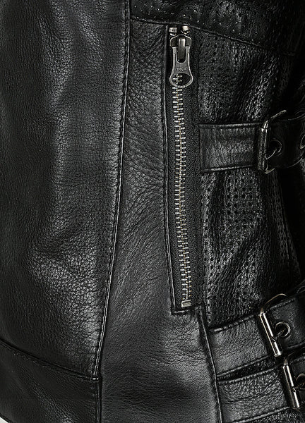 The pocket close up of the women's black leather motorcycle jacket modern classic style from Black arrow label