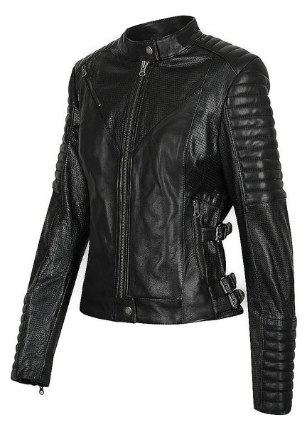 Women's black leather motorcycle jacket modern classic style from Black arrow label