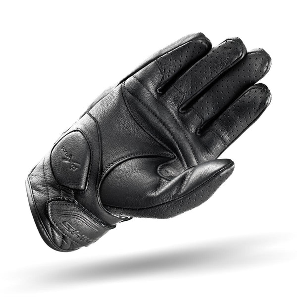 the palm side of a black short leather female motorcycle glove from Shima