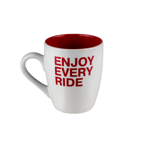 Red and white mug with enjoy every ride logo