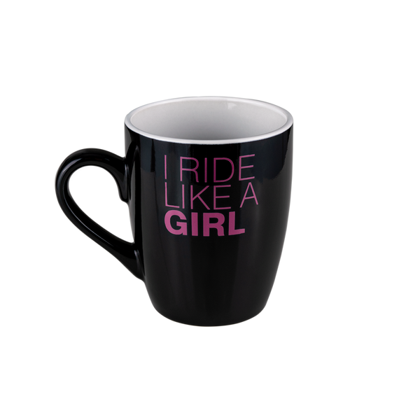 A black mug with pink logo "ride like a girl"