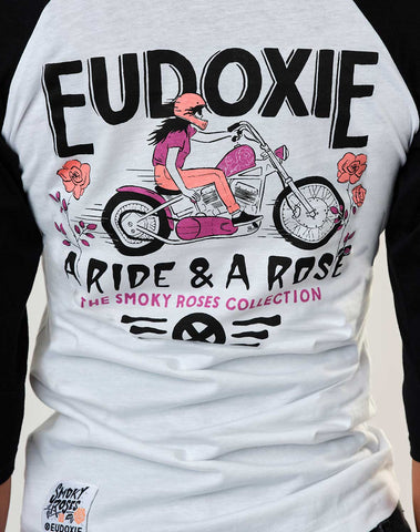 A back of Eudoxie t-shirt with lady biker motive