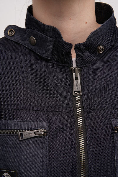 A close up of the neck on a blue women's motorcycle denim jacket 