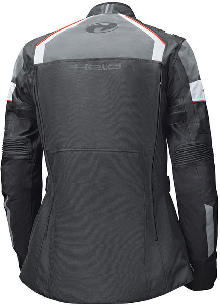 the back of Women's motorcycle touring jacket in black, white and red from Held 