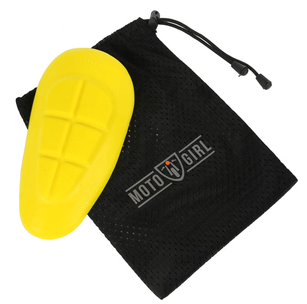 Yellow hip protectors for motorcycle trousers in a Moto Girl bag