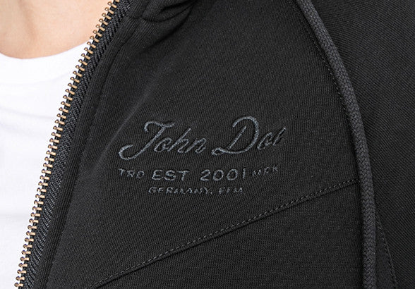 john doe logo on a Black women's motorcycle hoodie