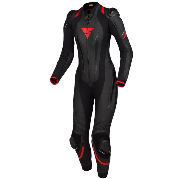 Black and red women's motorcycle racing suit from Shima from the front