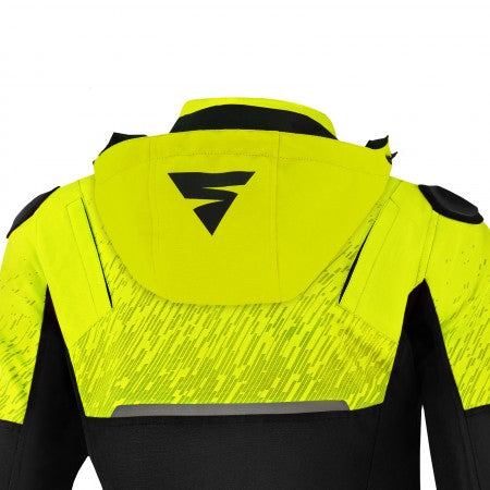Yellow fluo hood with Shima logo on a motorcycle jacket
