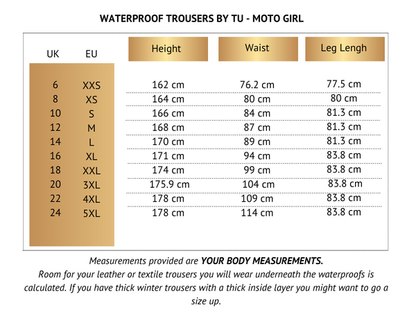 Size chart for waterproof motorcycle trousers from MotoGirl