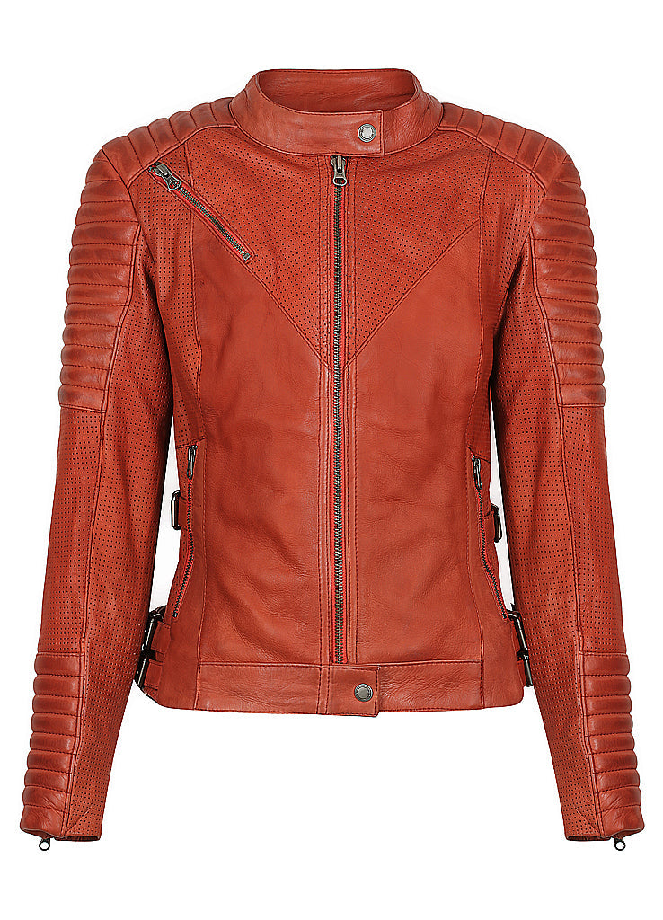 Women's red leather motorcycle jacket modern classic style from Black arrow label