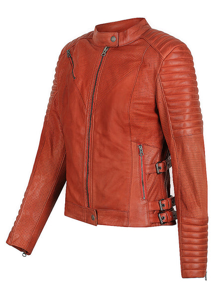 Women's red leather motorcycle jacket modern classic style from Black arrow label