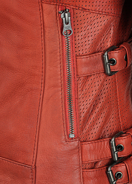 The pocket close up of the Women's red leather motorcycle jacket modern classic style from Black arrow label