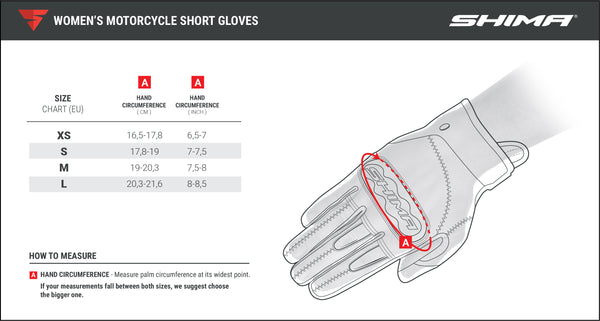 Sie chart of women's short motorcycle gloves from Shima