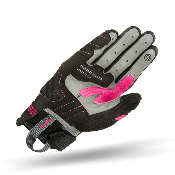 Black and pink women's motorcycle glove from Shima with grey details in the palm